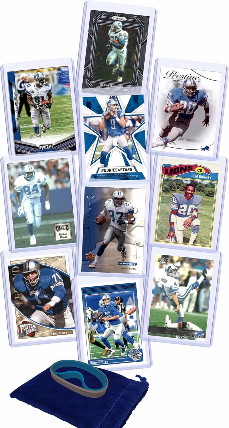 Chaser Detroit Lions Football Legends Cards: Barry Sanders, Calvin Johnson, Matthew Stafford, Billy Sims, Herman Moore, Johnnie Morton, Lem Barney, Alex Karras, Jared Goff, Jason Hansen (10) Assorted GOAT Card Hall of Fame Gift Pack - Image 1